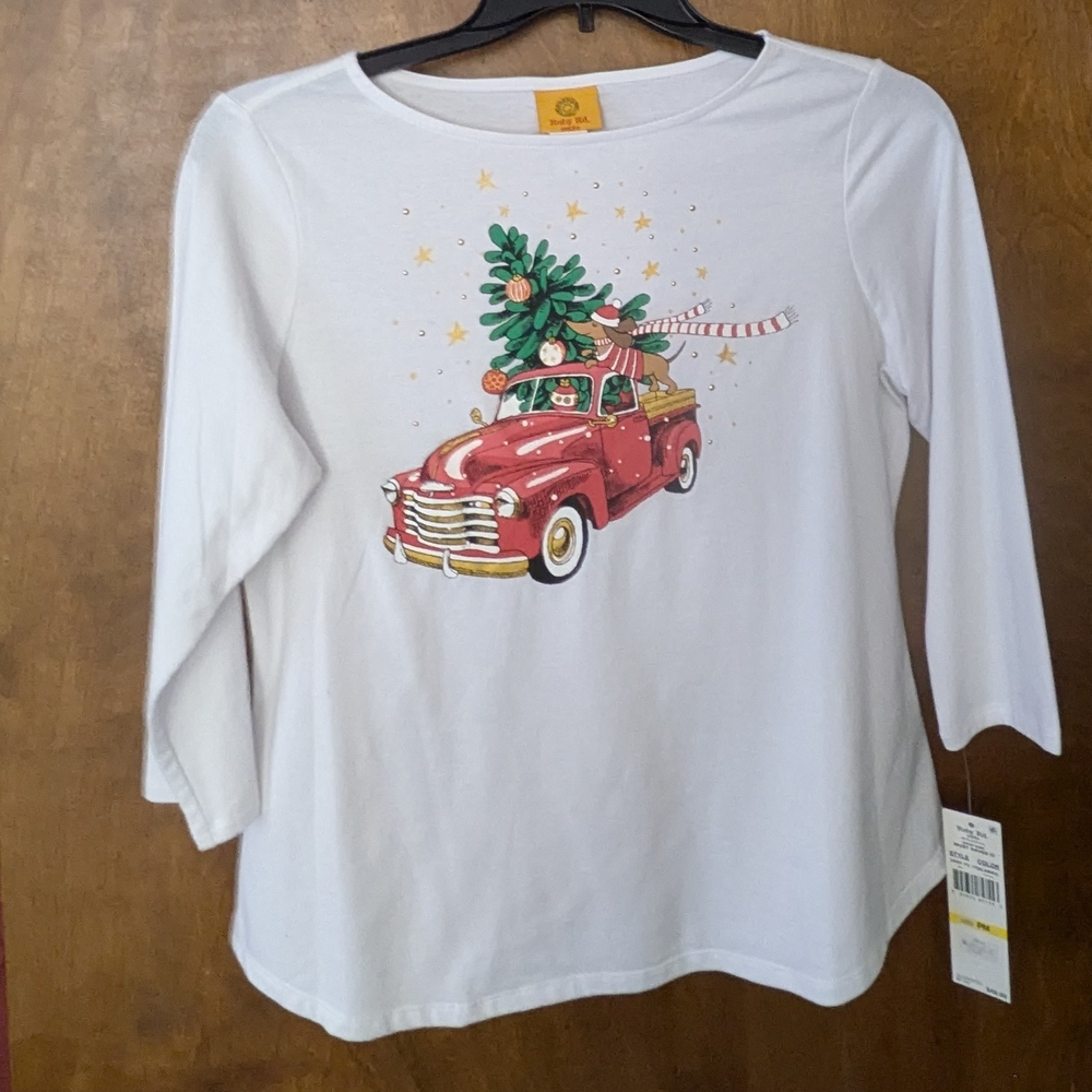 Ruby Rd. White Long Sleeve Tee with Holiday Graphic NET 3/4 SLEEVES women's PM